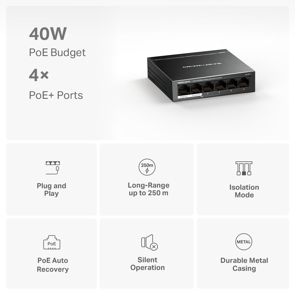 MS106LP 6-Port 10/100Mbps Desktop Switch with 4-Port PoE+